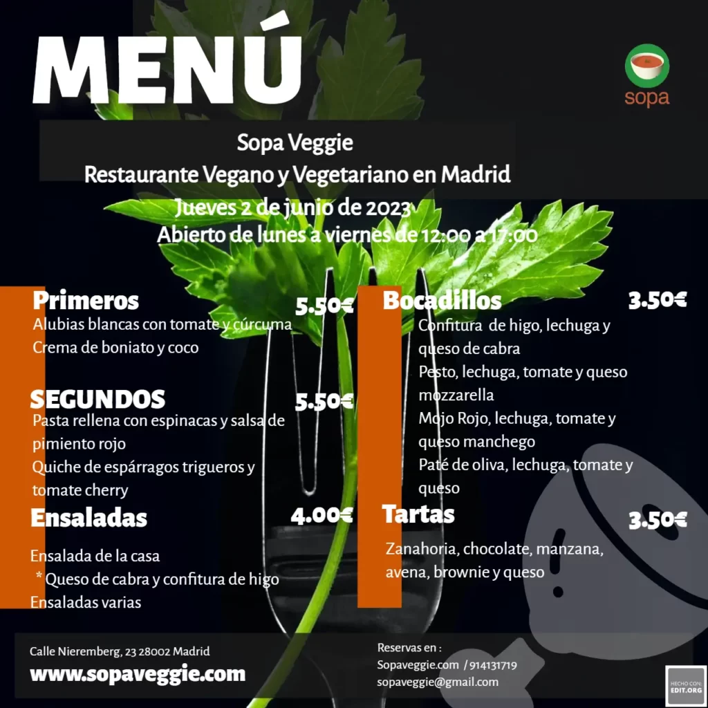 Menú 02-06-23 de Sopa Veggie restaurante vegano y vegetariano en Madrid